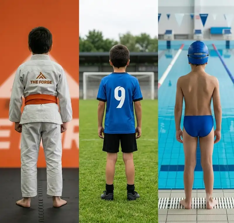 Niño pensando entre diferentes actividades deportivas